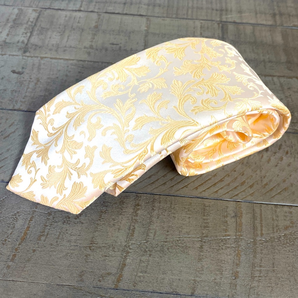 Penrose 100% Mulberry Silk Elegant Gold Jacquard  Leaf Print Tie Made in England